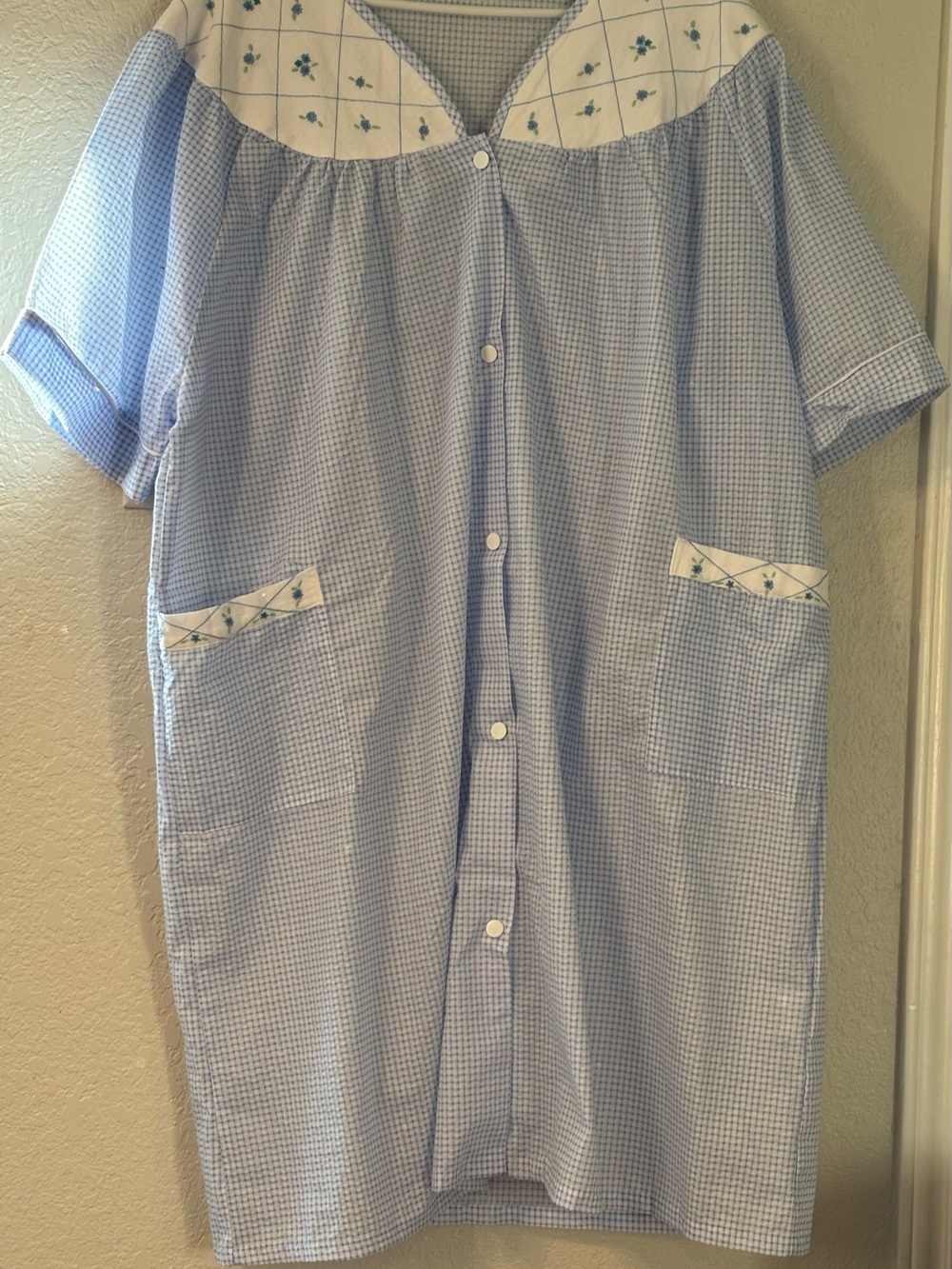 Dreamcrest Short Sleeve Button Front Duster 3X Blue Plaid, Mumu Grandmacore